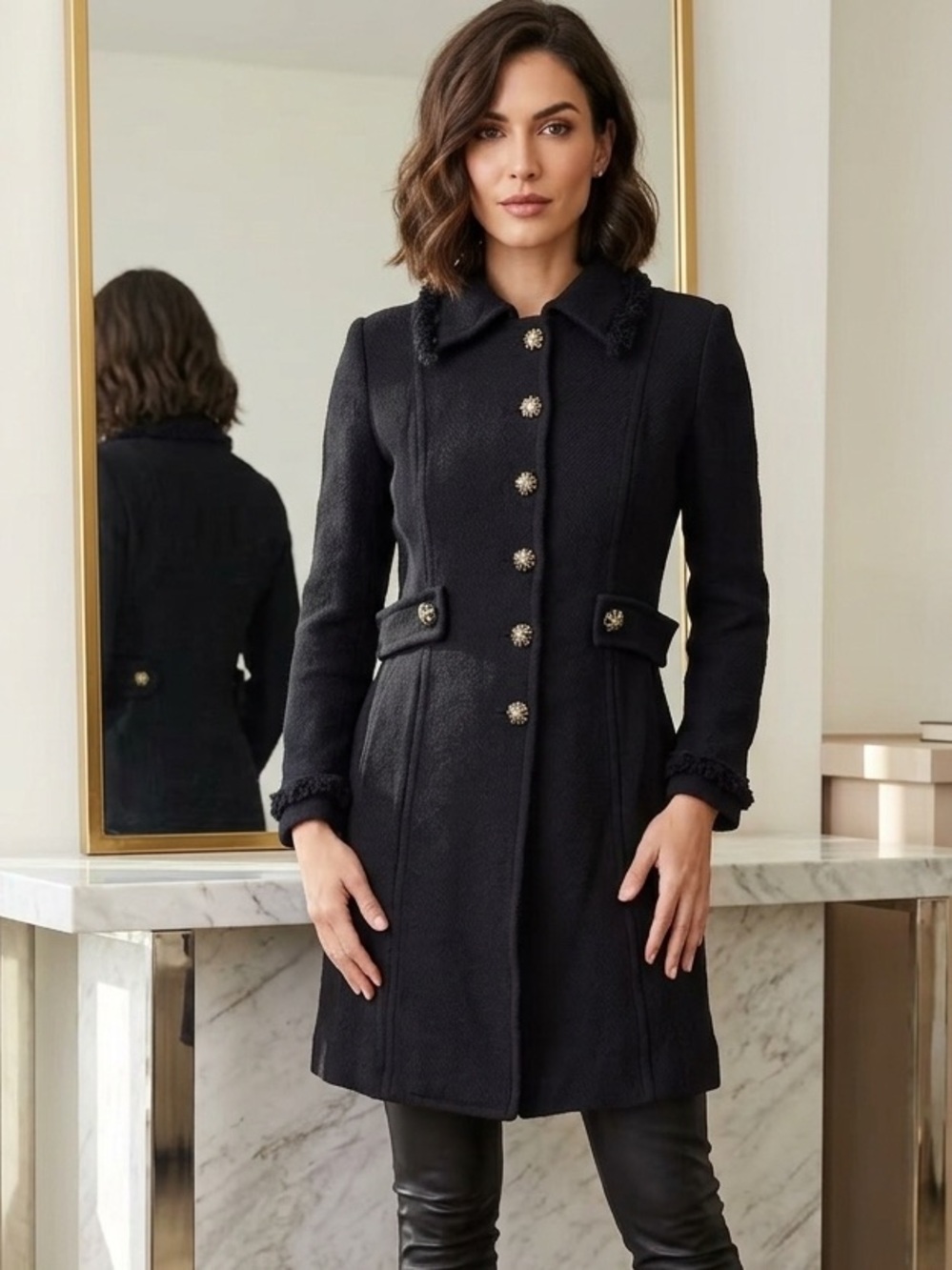 St. John Collection Black Textured Wool-Blend Pea Coat